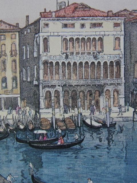 吉田博、ヴェニスの運河、希少な額装用画集より、新品高級額装付、状態良好