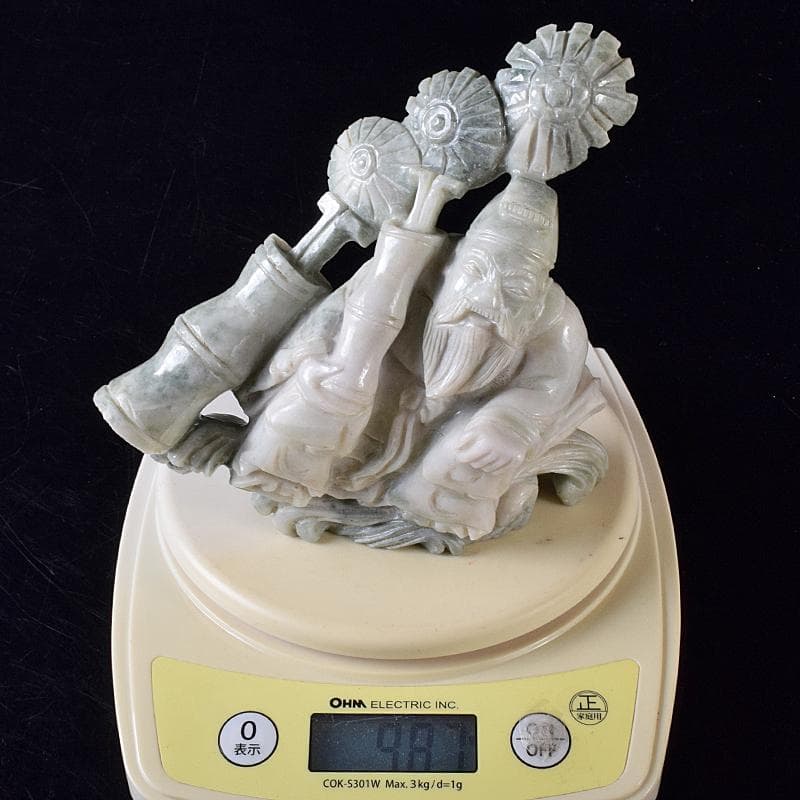 中国　玉石翡翠彫刻　福禄寿像　置物　約987g　M　R8336
