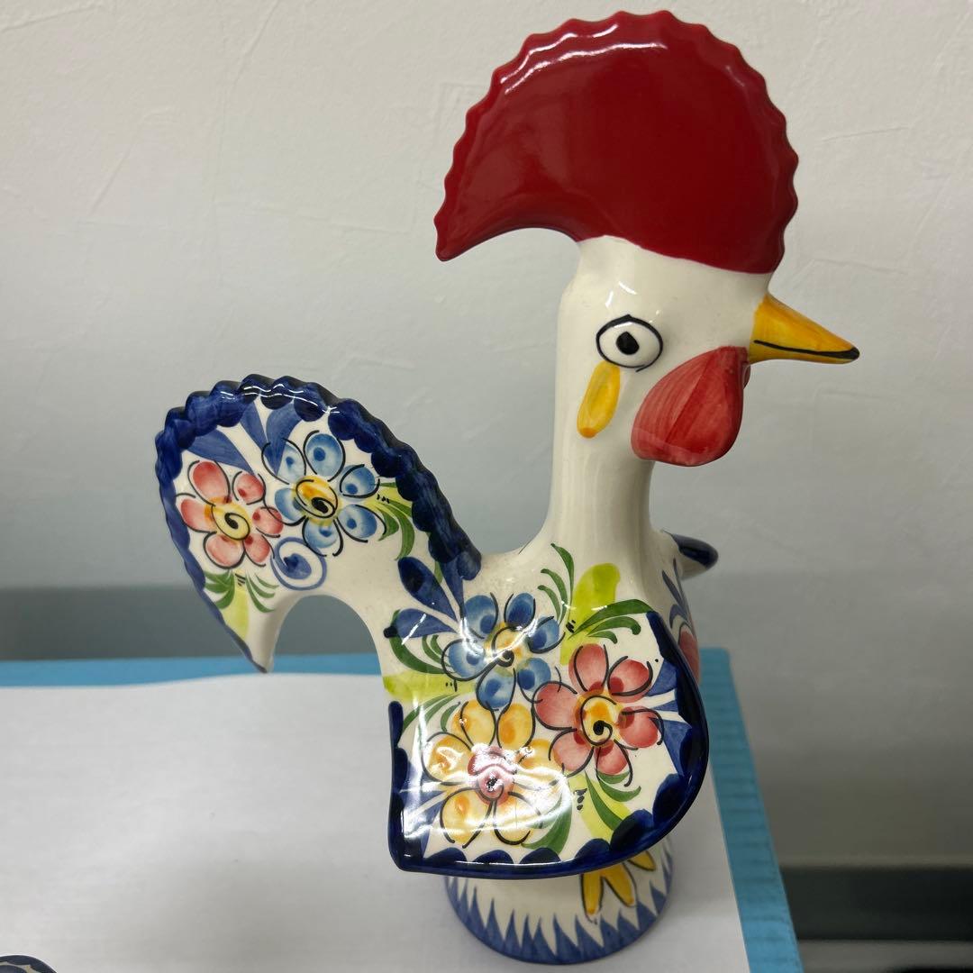 陶器 鶏の置物と皿セット