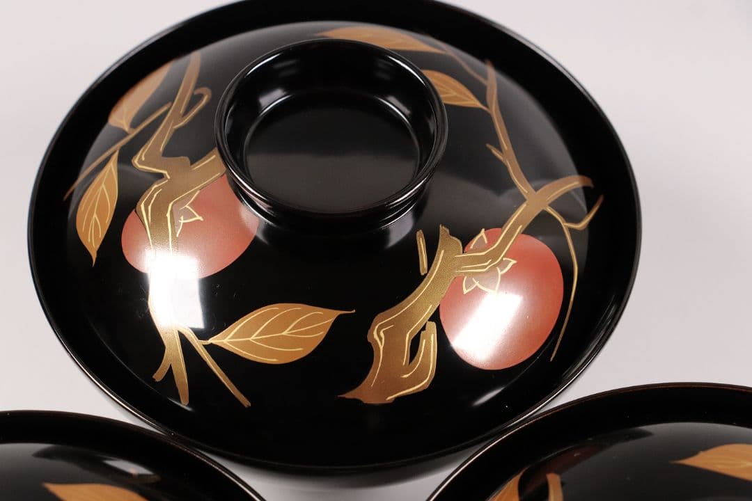 CK71 漆芸 木製漆器 輪島塗 柿蒔絵 黒塗御吸物椀 三客 / 秋 果物