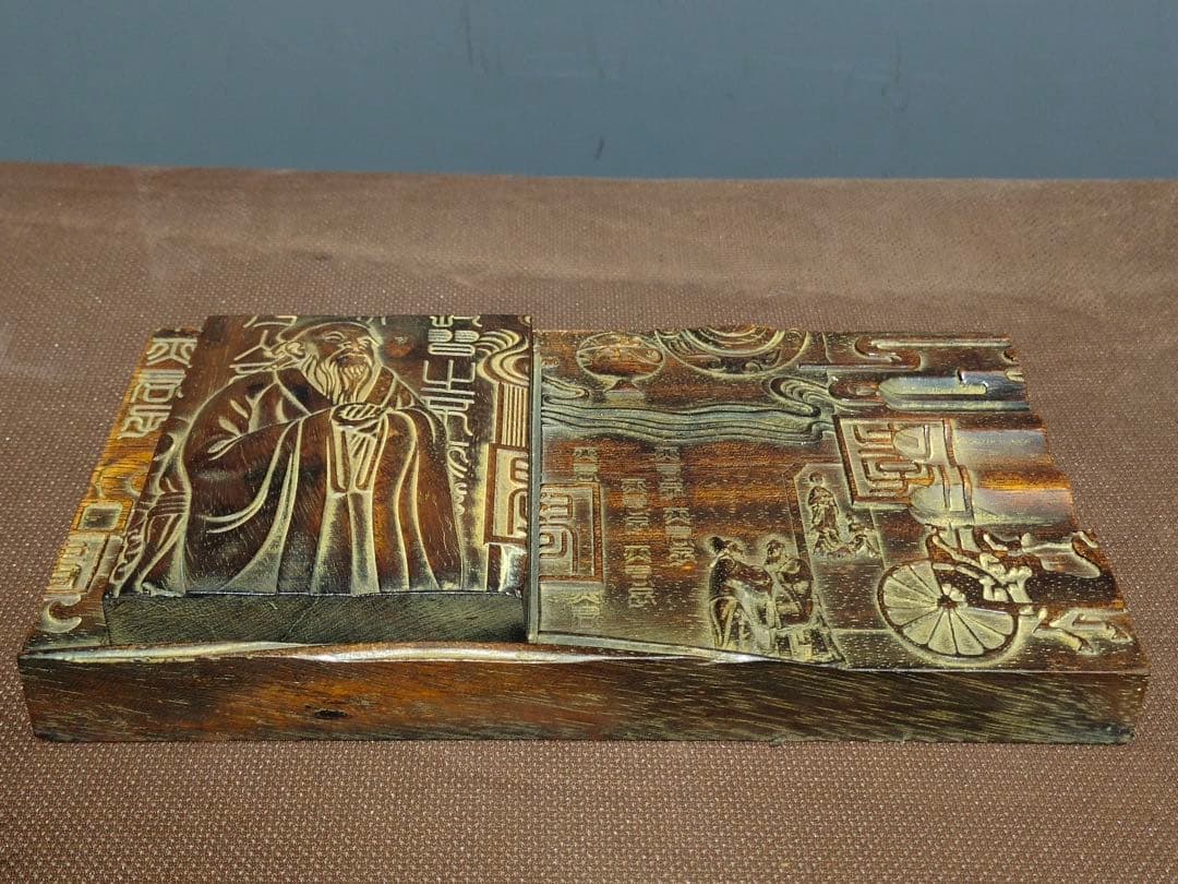 珍品　文房具　硯　希少老花梨木製・孔子手彫り硯台 文房四宝 書斎用高級インテリア