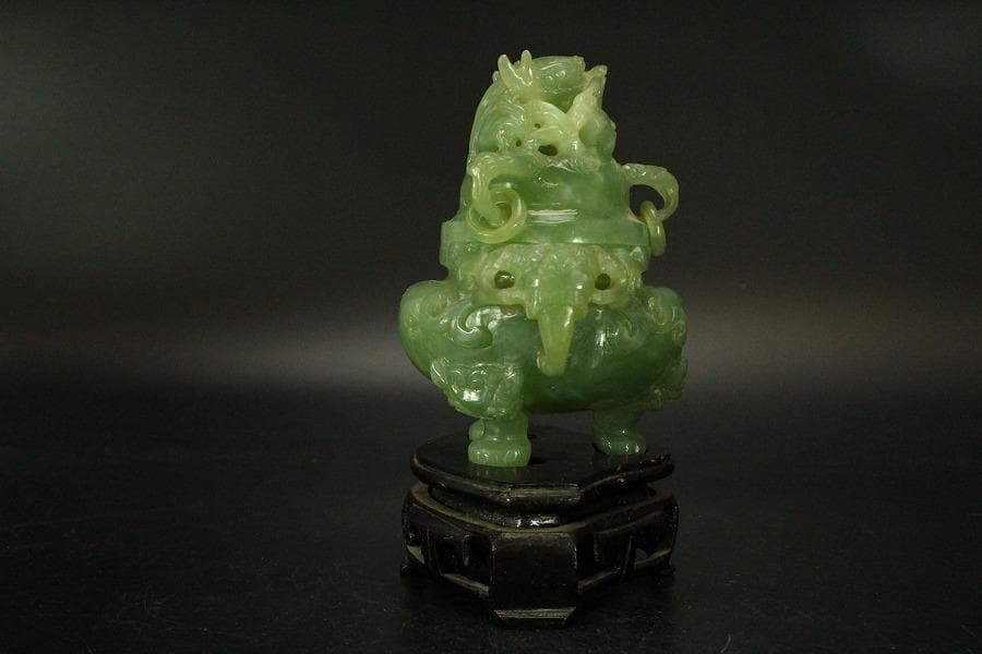 中国美術 玉石 緑石 香炉 台付(ZE497)