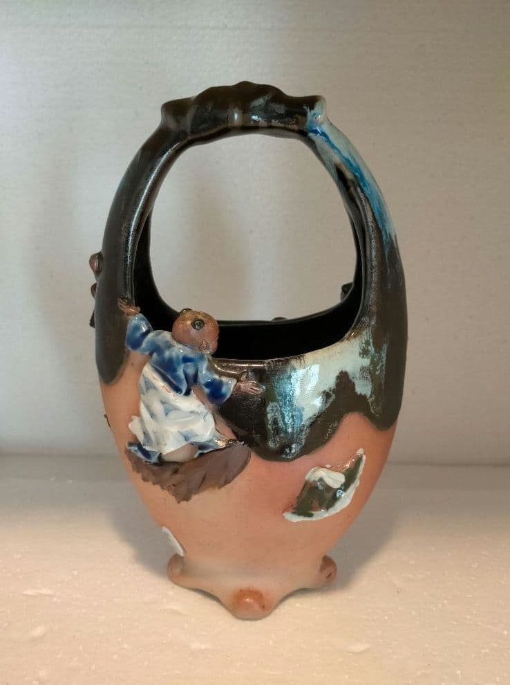 希少　隅田焼 石黒香々 高浮彫人物 花瓶 アンティーク 里帰り