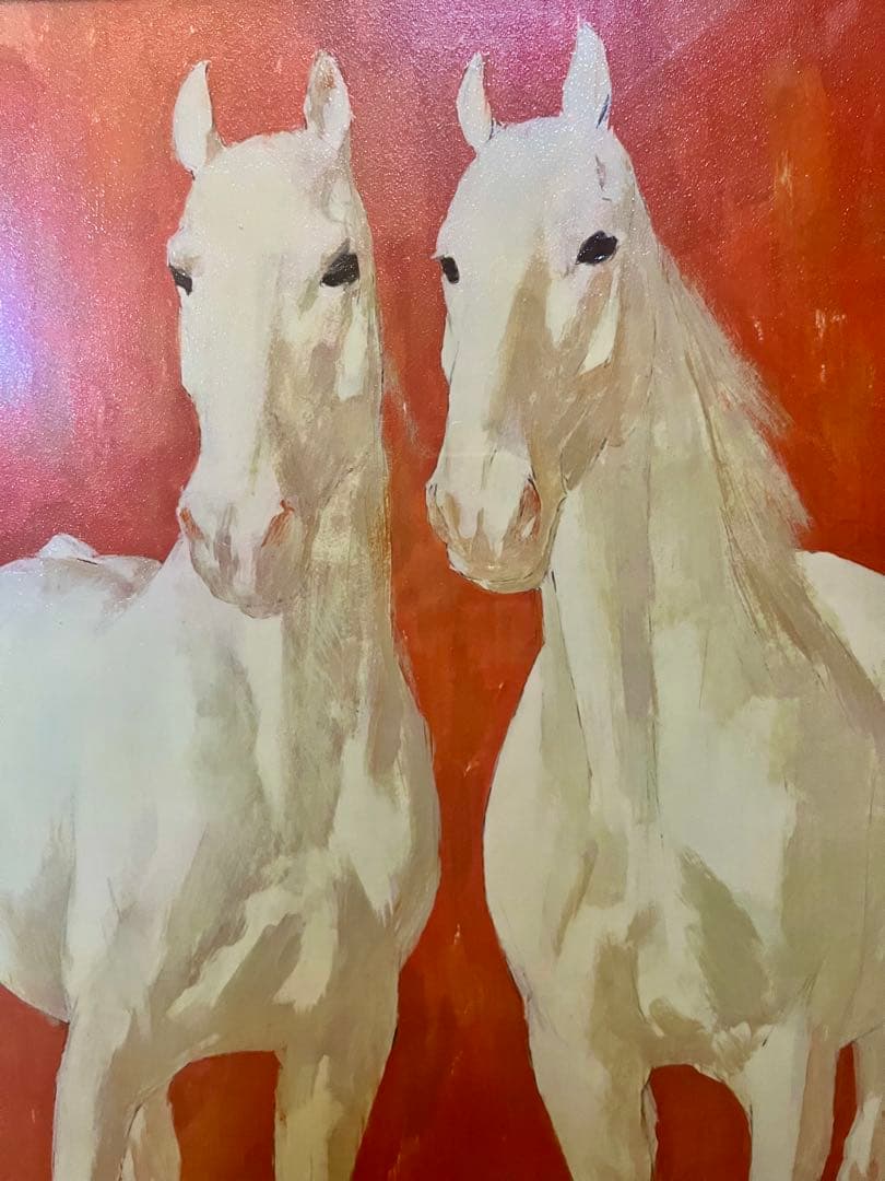 ⭕️ アルニー 白馬のペア サラブレッド 油彩画 金色フレーム