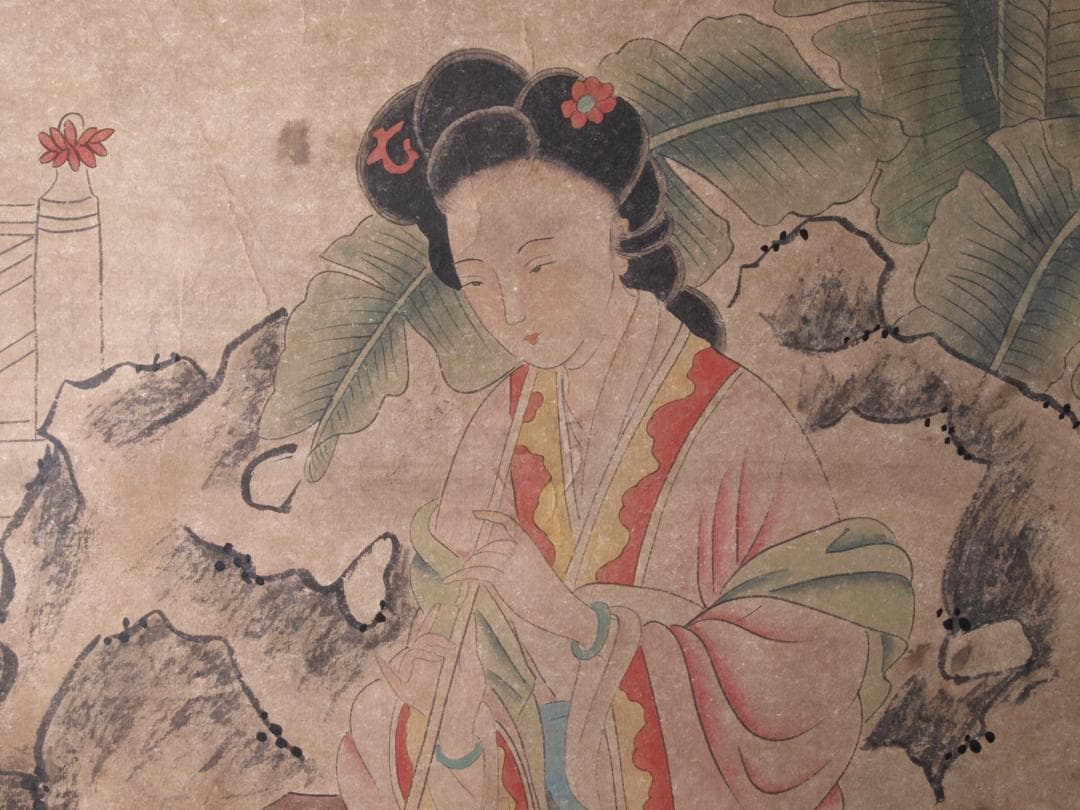 【骨董掛け軸】美女図 肉筆保證 捲り 中国古美術   AK532A12-1