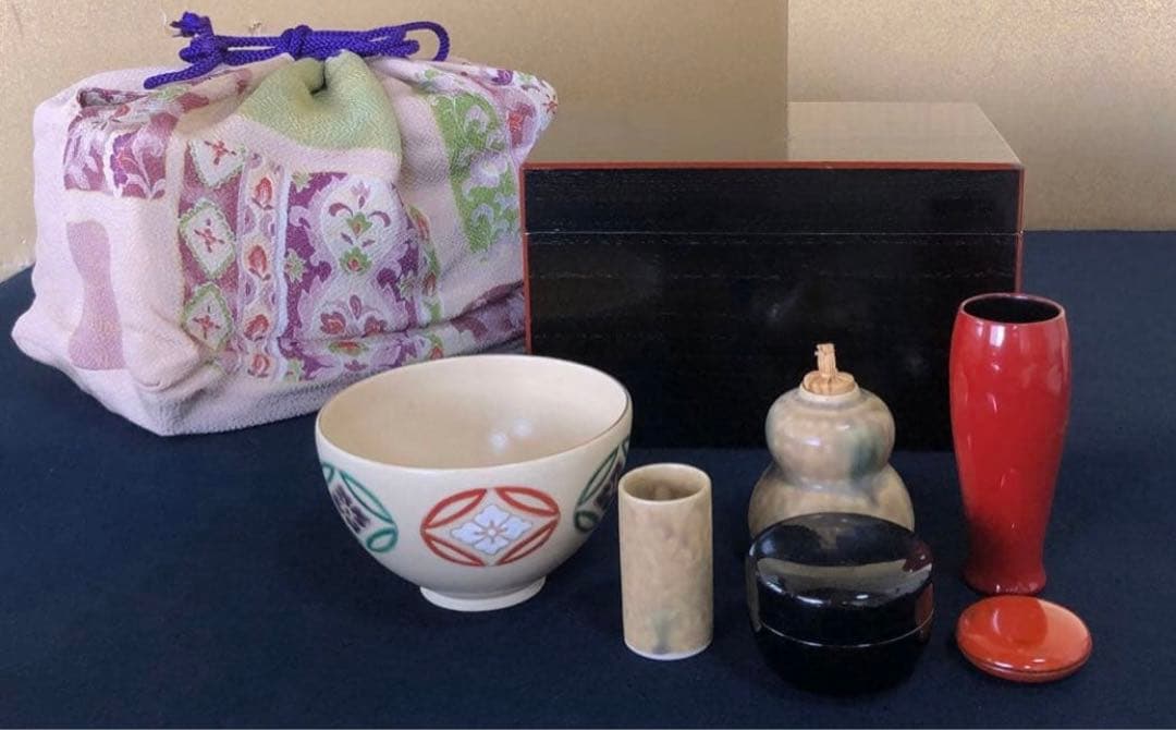 《R》茶道具 黒柿合せ塗 茶箱 お茶道具6点付　260109き2
