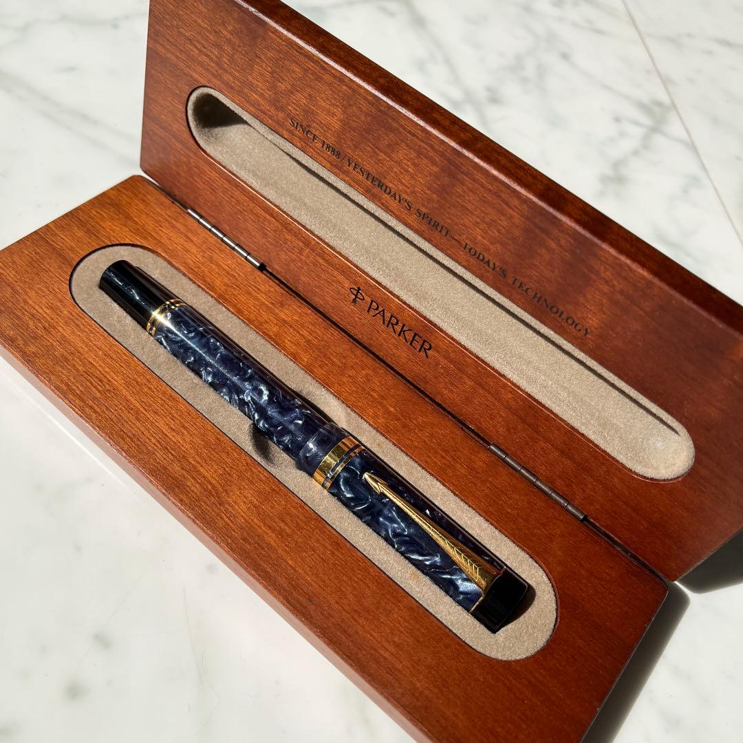 K18美品PARKER デュオフォールドネイビー マーブル万年筆 専用ケース付き