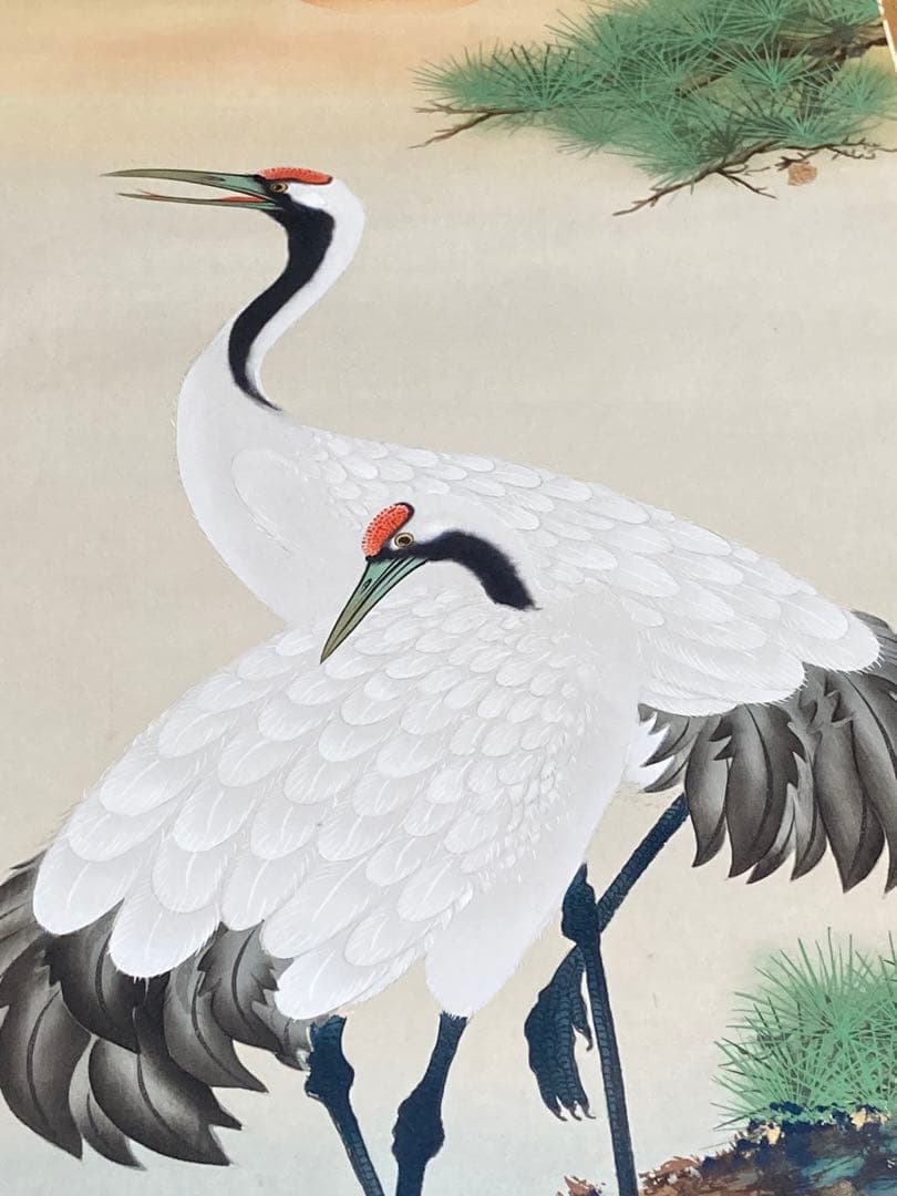 真作 國井道成 松上鶴図 絹本肉筆　桐共箱付 加藤美術証明書付き 掛軸 掛け軸