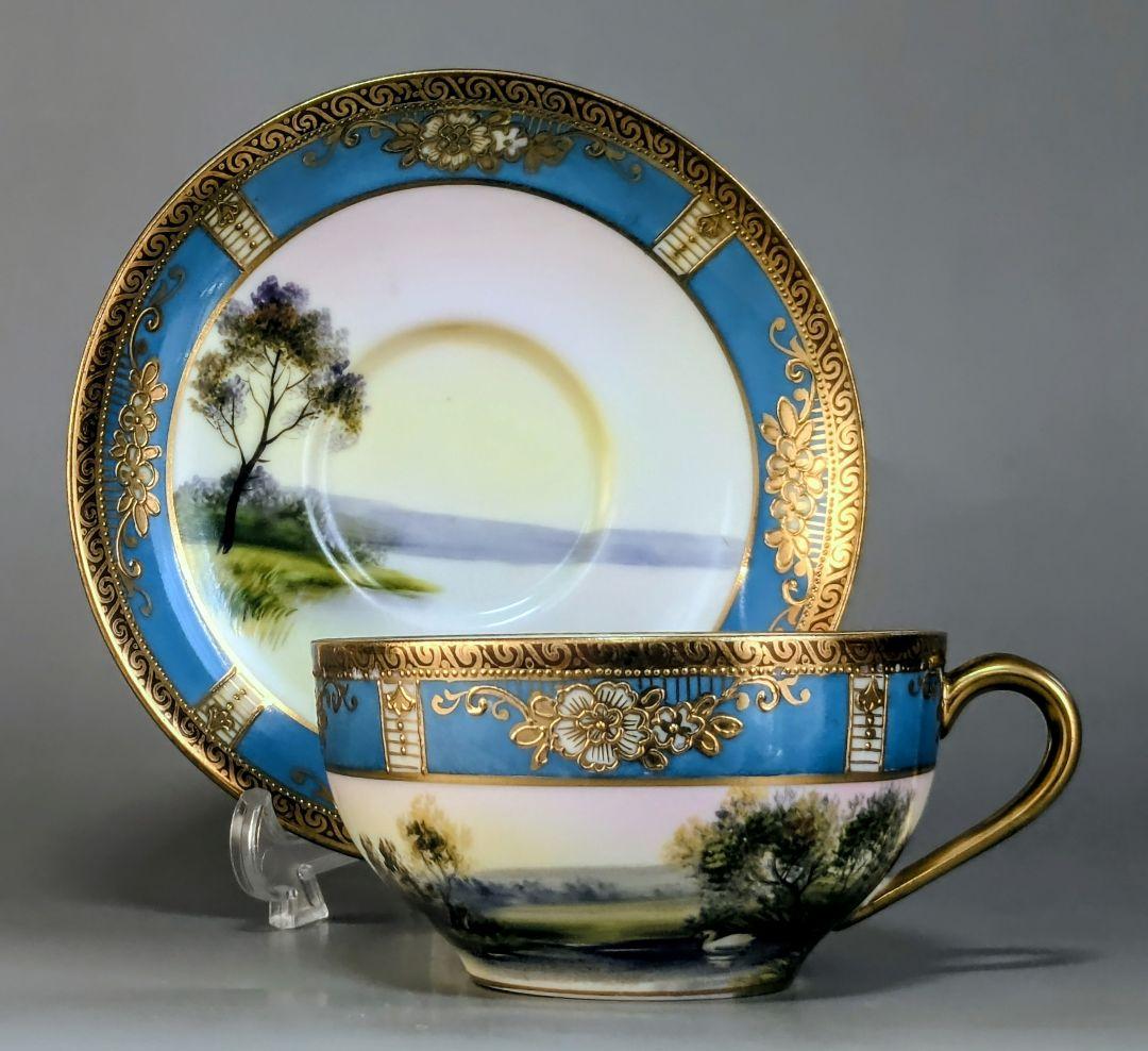 オールドノリタケ カップ＆ソーサー　金彩金盛上湖畔風景白鳥図 　　有名パターン