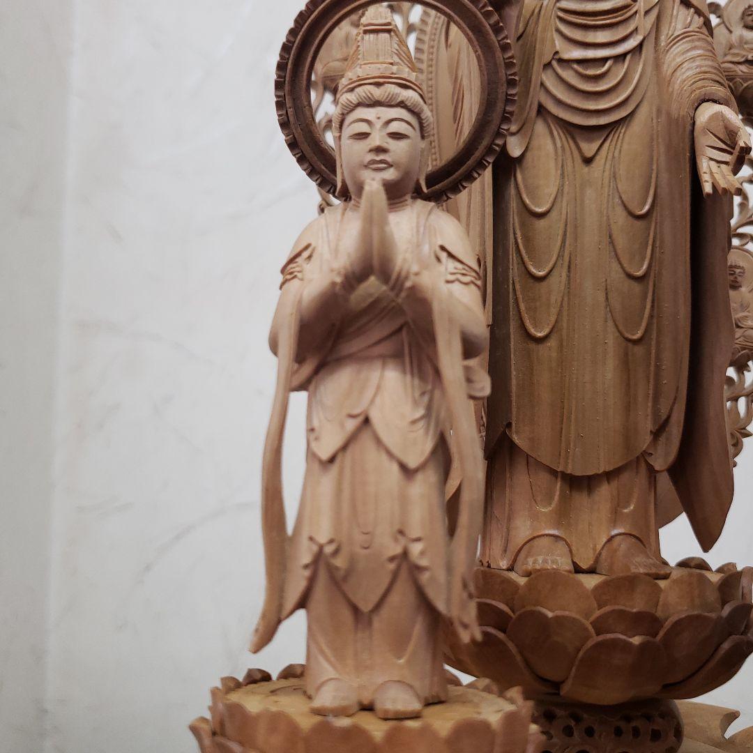 Ｂフライデー後背羅漢彫★総白檀 阿弥陀如来三尊像6寸立 眼入観音菩薩・勢至菩薩付