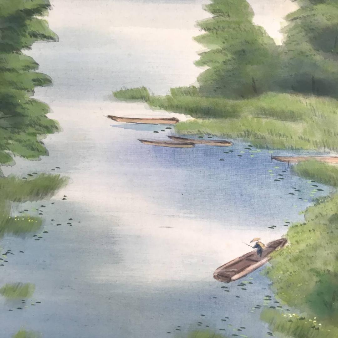 【真作】堀江春斎/水郷/山水図/横物/春湖漁舟図/掛軸☆宝船☆AB-500