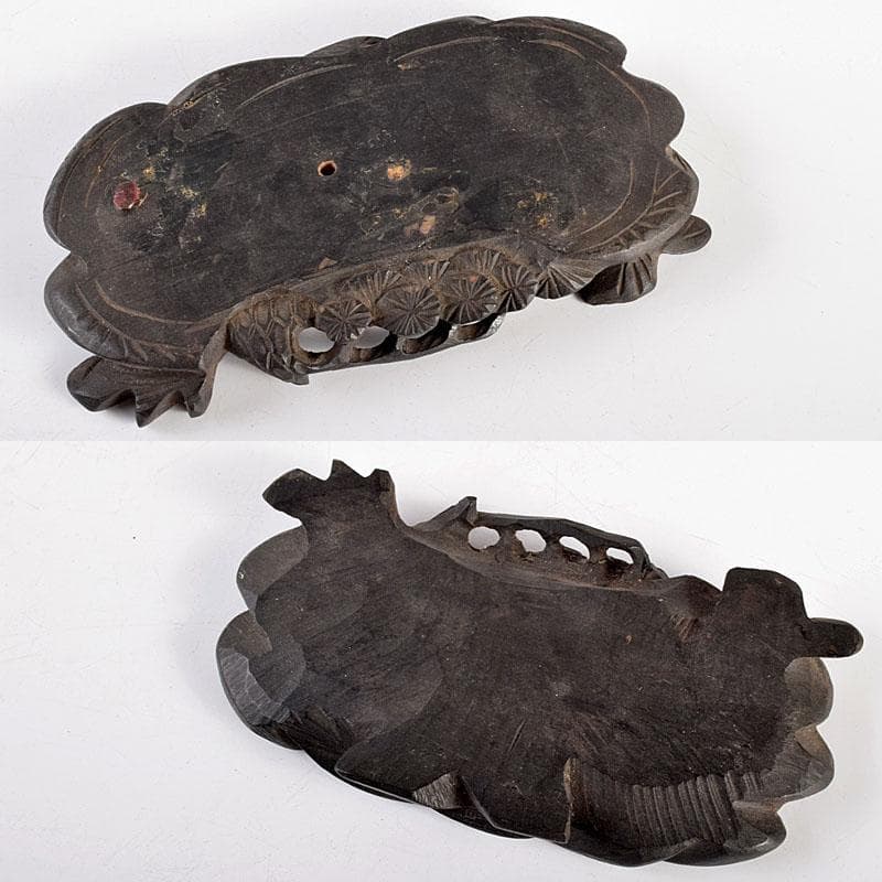 中国　玉石蝋石　唐子観音像　置物　唐木台付　M　R4735