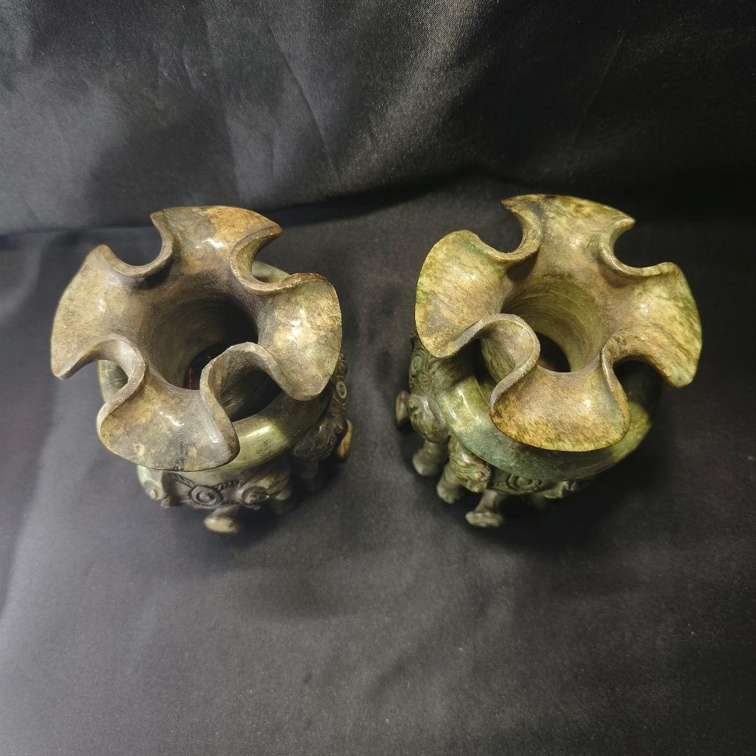 中国骨董 玉香炉一対 天然石 遊環 四面神獣立像 手彫り 作家物 風水 古美術品