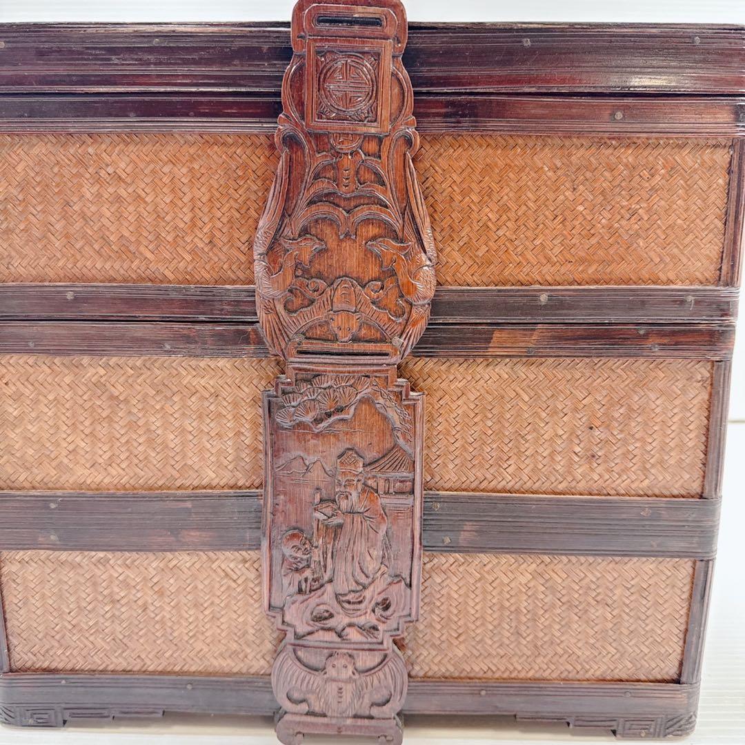 【煎茶道具】提籃籠 人物彫 提手 竹編 古美術 骨董