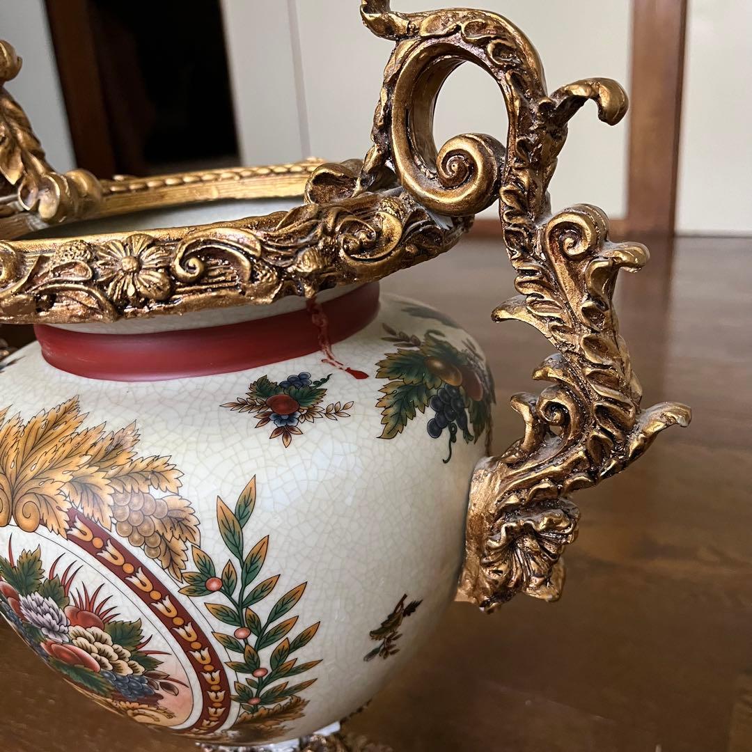 【美品】ヴィクトリアンスタイル 花瓶 陶器製　レトロ品　花柄　花器重さ2.7kg