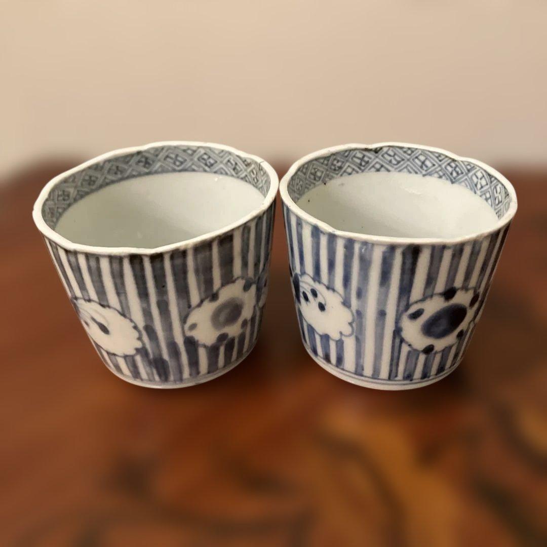 江戸中期縦線雪輪文蕎猪口　アンティーク