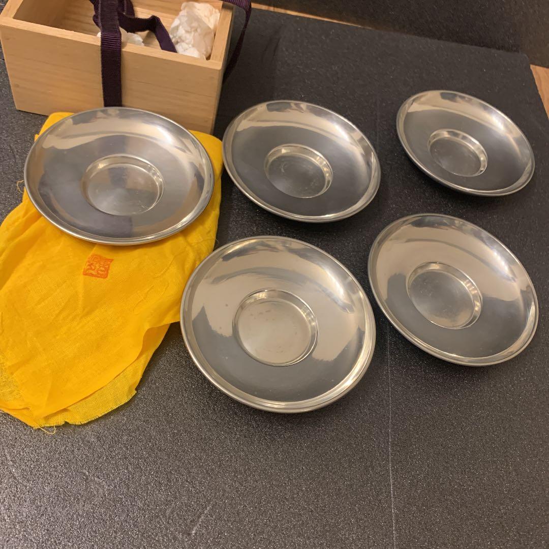 秦蔵六 純錫園式茶托　５客揃 煎茶道具 蔵苑造在銘 共箱 園式、静壽居 純錫茶托