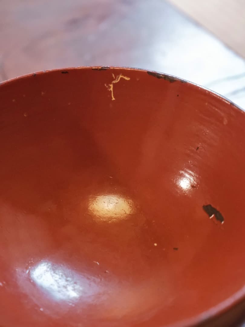 根来塗　朱漆椀　江戸時代　茶碗　十字文　漆工芸　古道具　Q2356
