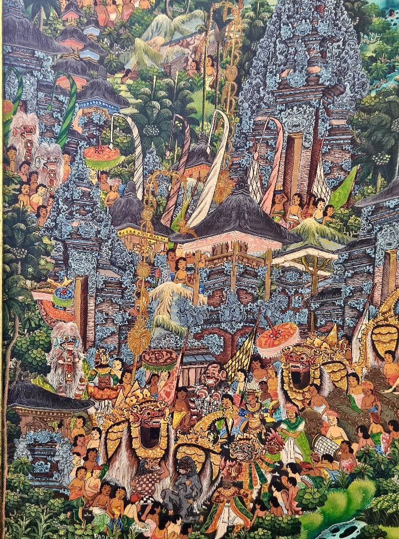 バリの風景 油彩画 PADE KETUT BONGKASO　 寺院お祭り図　額装