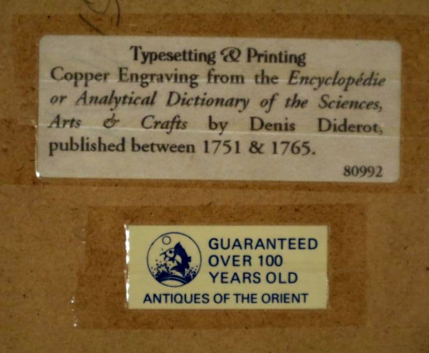 お値下げ　額装品　古典版画　18世紀　ディドロー　百科全書　「活版印刷」　極美品