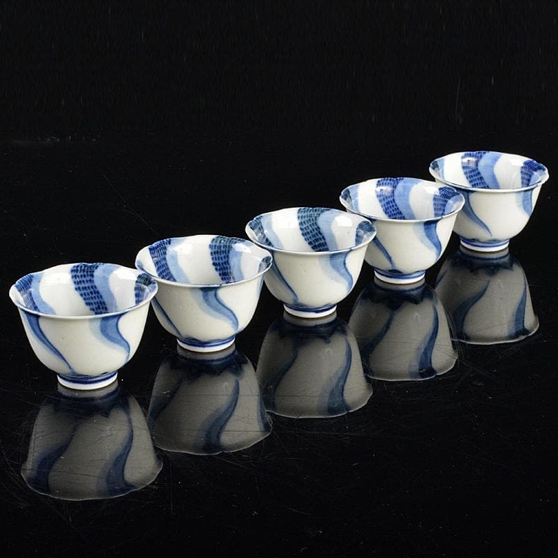 永楽善五郎造　染付　捻り文　煎茶碗　五客　時代箱付　V　R5390