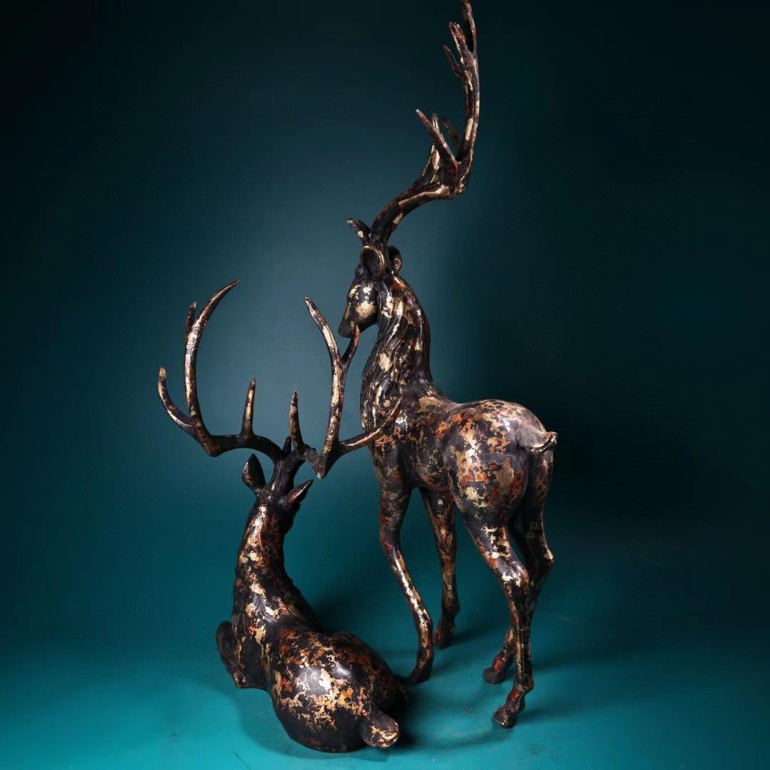 中国古美術・旧蔵古銅鎏金・梅花鹿セット4kg・古玩銅器・文房置物・風水開運・瑞獣