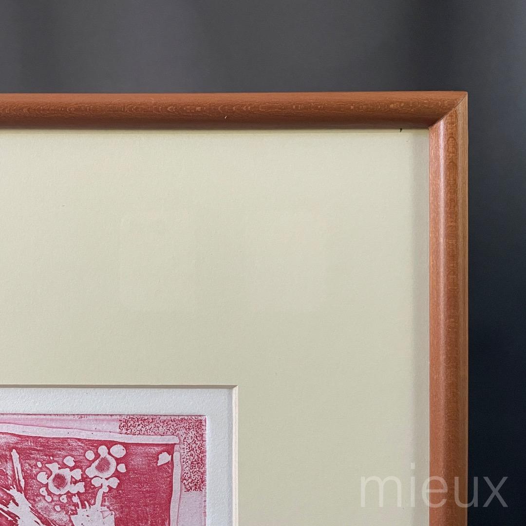 ガラス内側清掃済：広田釗子「花（赤）」EA版 エッチング 額付 サイン入り