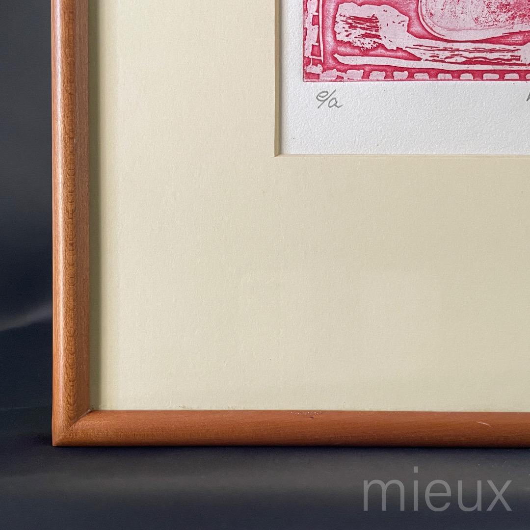 ガラス内側清掃済：広田釗子「花（赤）」EA版 エッチング 額付 サイン入り