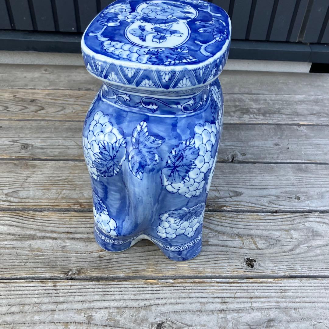 ① 景徳鎮 中国美術品 陶器製 象 オブジェ 飾り スツール 花台 染付 骨董品