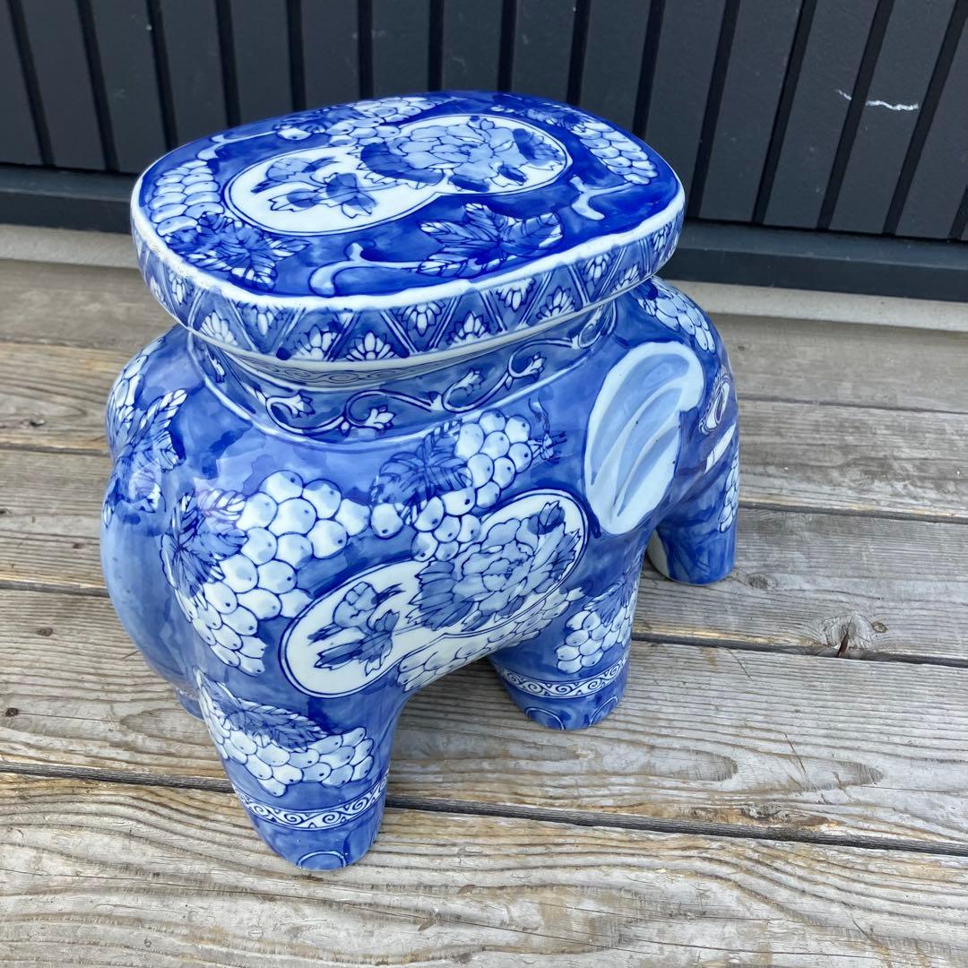① 景徳鎮 中国美術品 陶器製 象 オブジェ 飾り スツール 花台 染付 骨董品