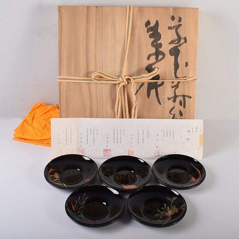 輪島塗　五作家　榎木盛　小森克巳など　草花蒔絵　茶托　五客　共箱　MR8548B