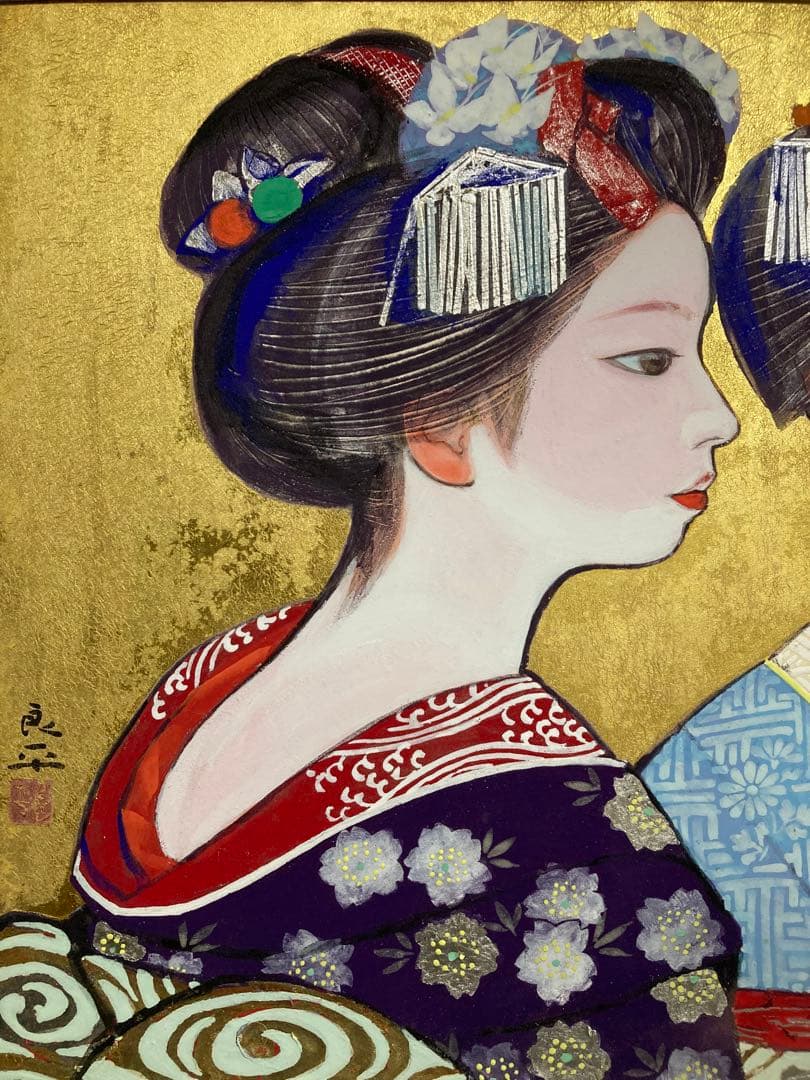 【真作保証】三輪良平「舞妓」日本画12号 直筆サイン 共シール有り 美人 絵画