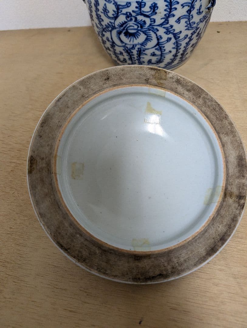 中国古陶磁 青花蓋罐 清末頃 花文 蓋壺 古美術 時代物