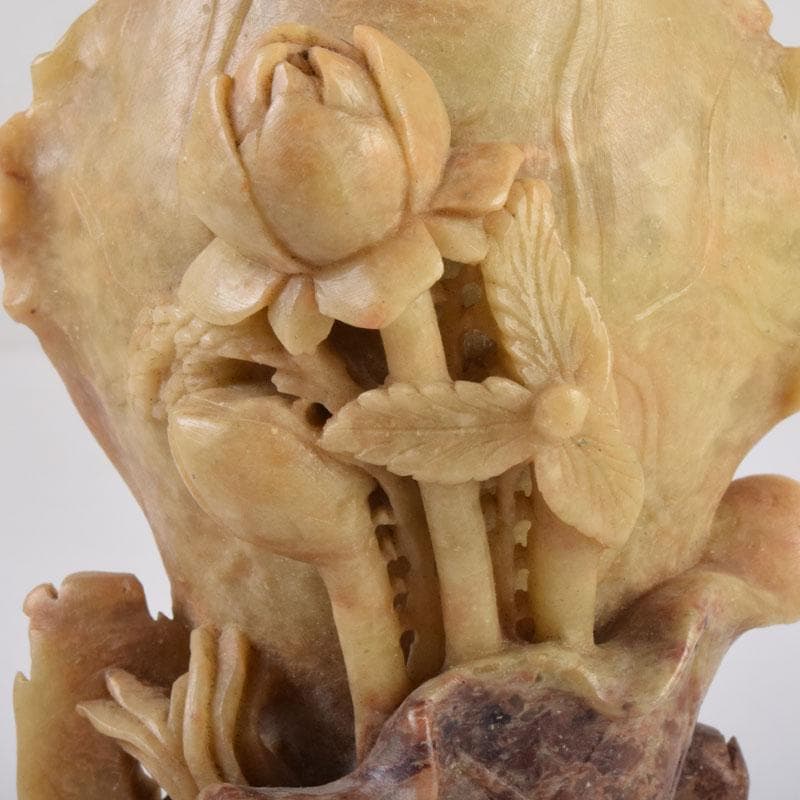 中国　玉石寿山石　花草刻　飾壷　花壷　置物　時代箱　C　8452