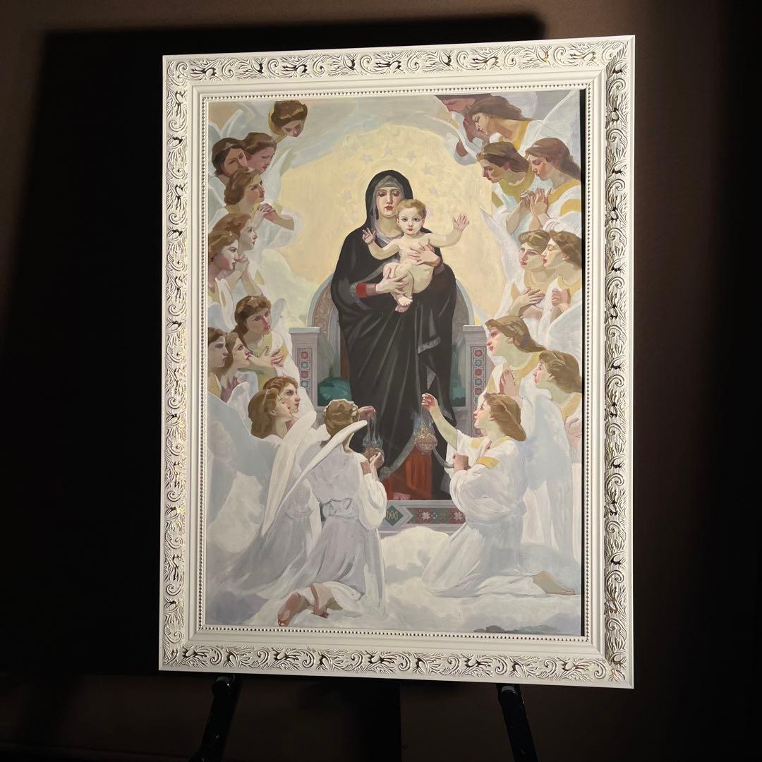 手書き油絵 ブグロー 天使と聖母絵画 額付き インテリア 油彩画