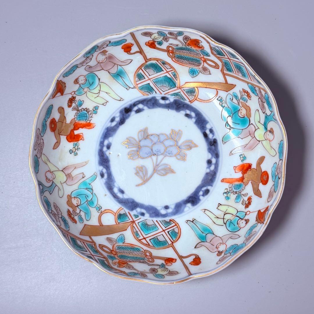 江戸後期～明治期　色絵人物図なます皿　5枚　珍しい絵付　蛇の目高台