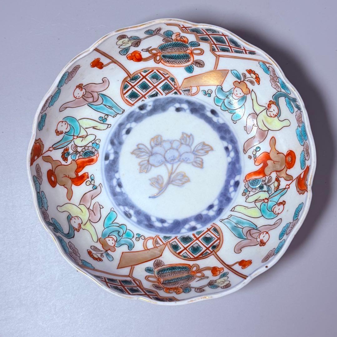 江戸後期～明治期　色絵人物図なます皿　5枚　珍しい絵付　蛇の目高台