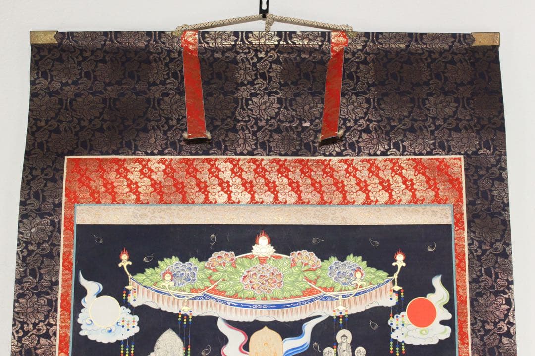 No5402 掛軸　西国三十三所御集印霊幅　紙本　紺紙金泥　木箱付　送料無料