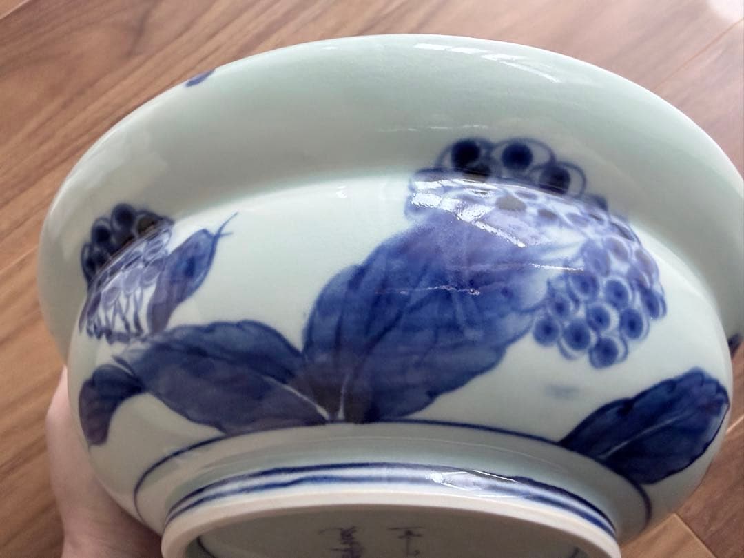 未使用 有田焼 一作窯 染付牡丹青海波 鉢 作家物 山口清久 手描き 古染付