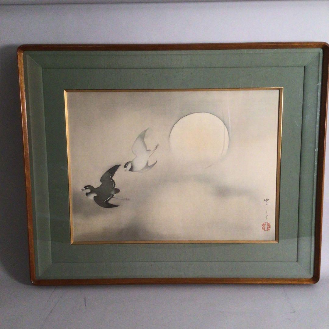 No3770 額装　在銘　紫水　月に千鳥図　日本画　10号　絹本　古画　送料無料
