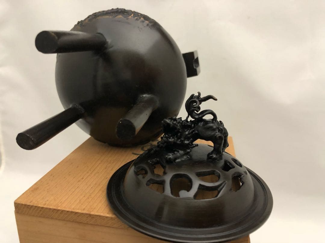 香炉 獅子 松茸梅 銅製 共箱 彫刻 開運 風水 骨董 古美術 アンティーク
