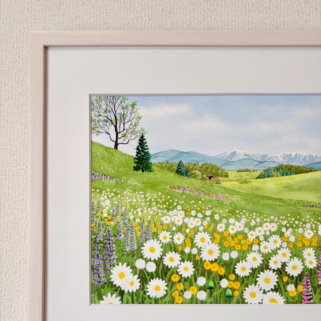 透明水彩画　原画　「野花の咲くフィールド01」額縁付き　F4サイズ　風景画