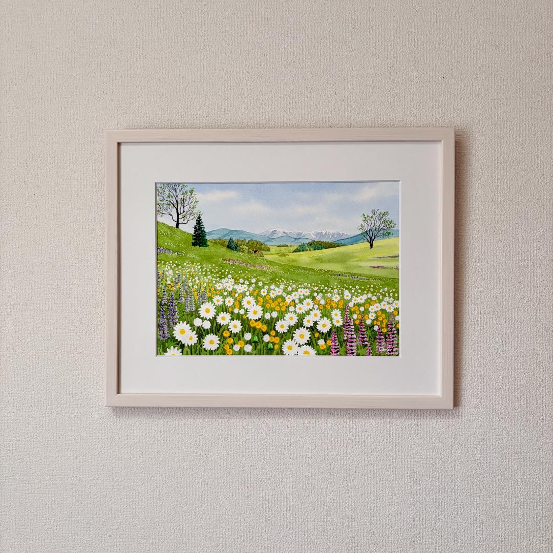 透明水彩画　原画　「野花の咲くフィールド01」額縁付き　F4サイズ　風景画