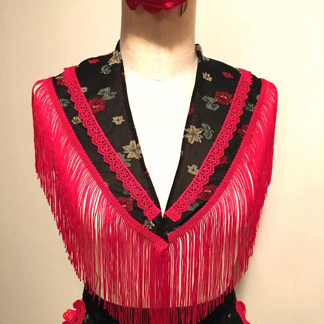 フラメンコ 衣装 エプロン ショートシージョ 赤×黒小花柄