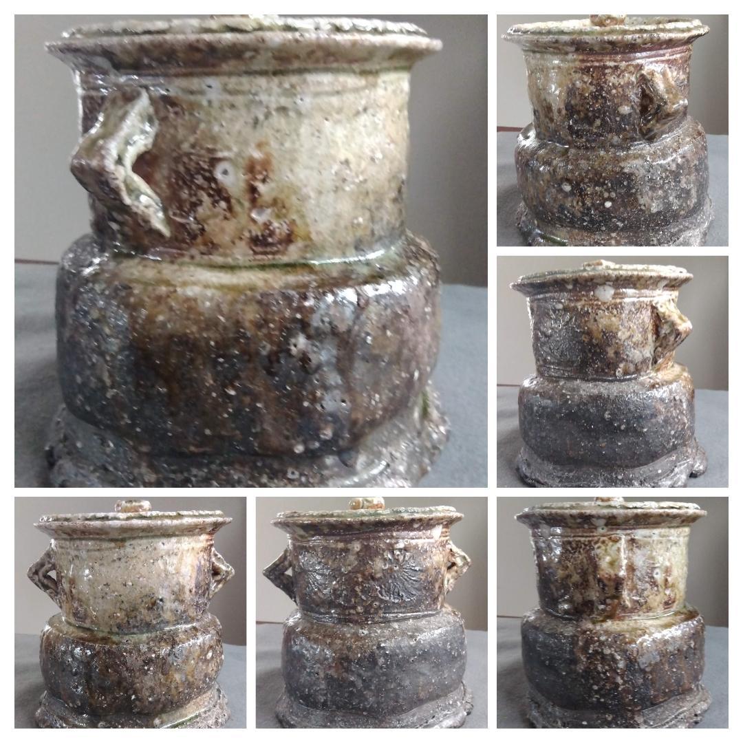 信楽焼　自然灰釉究極美逸品　谷清右衛門　茶道具伊賀写 双耳水指 塗蓋 付　共箱