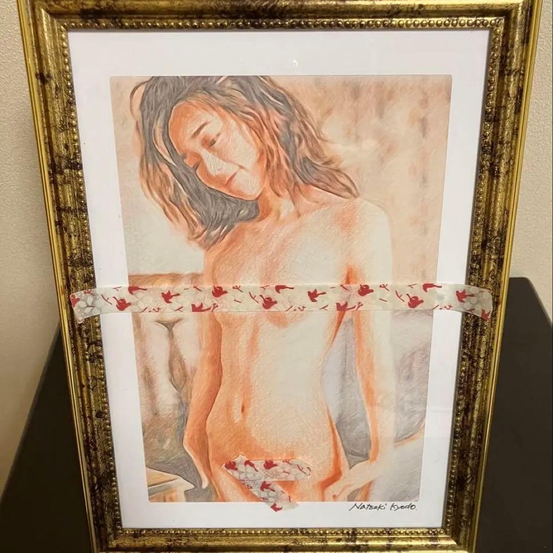 女優画18 額装品　額縁寸法32.7㎝×24.0㎝×1.5㎝　色鉛筆画　定款付