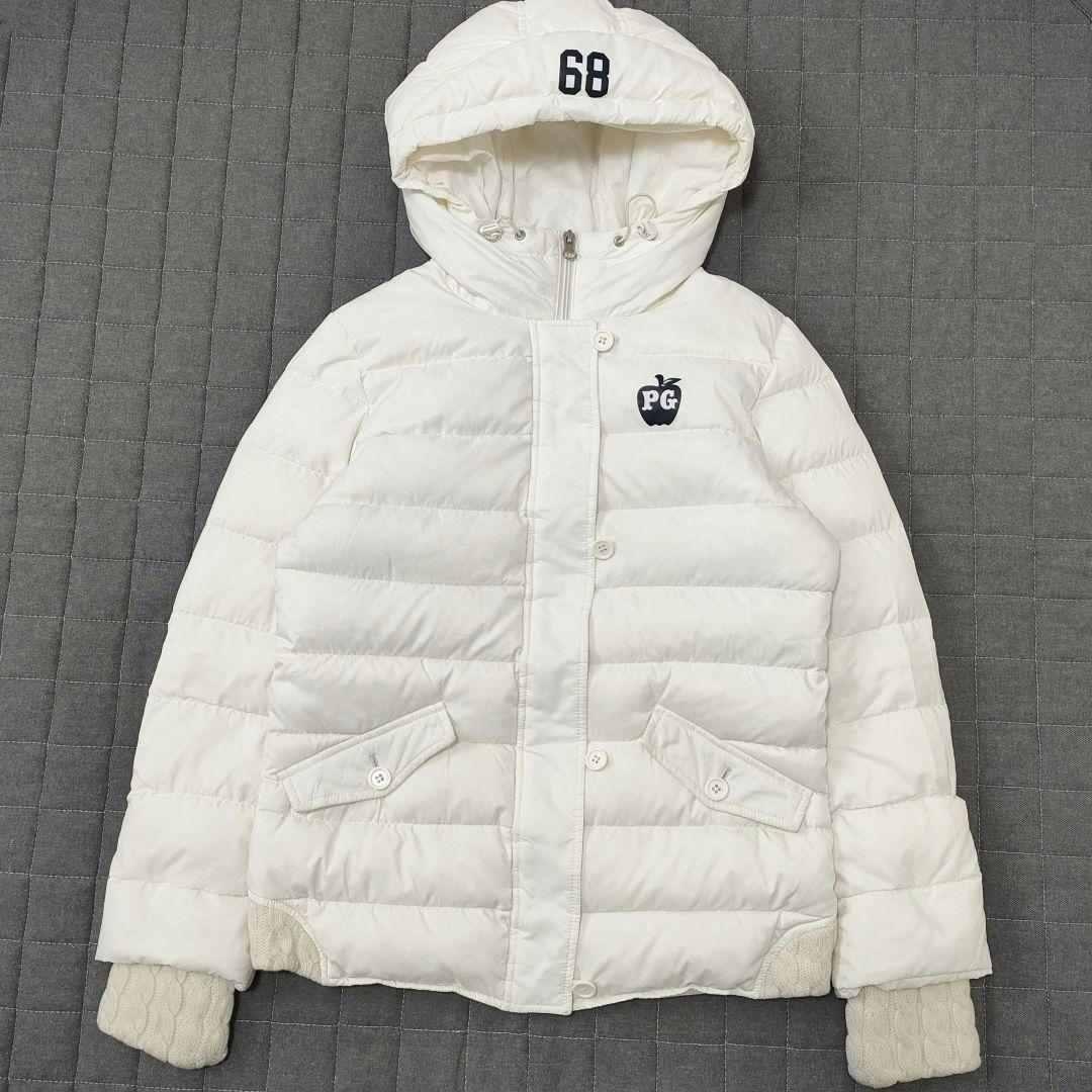 パーリーゲイツ　ダウンジャケット　袖裾ケーブルニット　フード　ホワイト　サイズ1