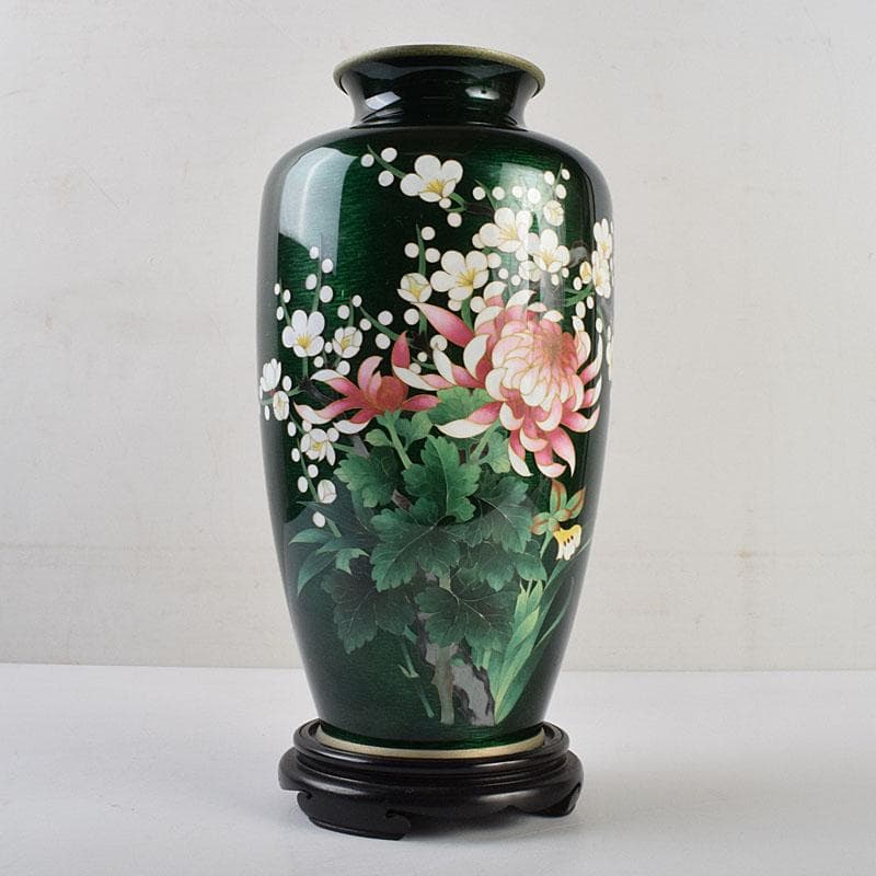 七宝焼　安藤七宝店　緑透釉　四君子文　花瓶　唐木台付　共箱　M　R9508