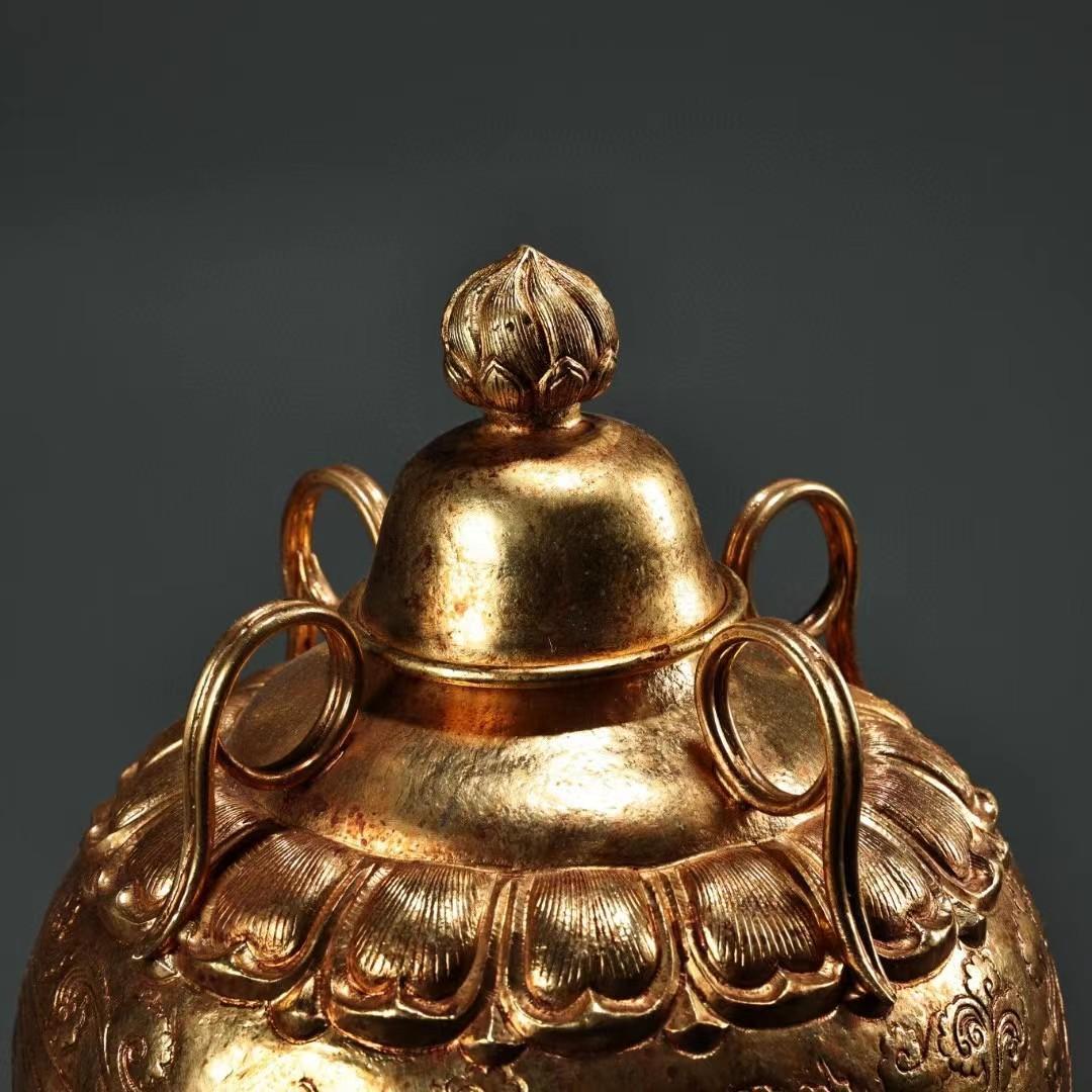 中国古美術・旧蔵飞天侍女鎏金花瓶セット・純銅細密彫・純手作り・高浮彫・置物・文房