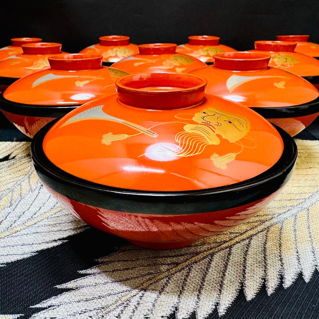 漆器　輪島塗　金蒔絵　沈金　木製　蓋付椀　お煮物椀　吸物椀　10客　共箱　漆芸